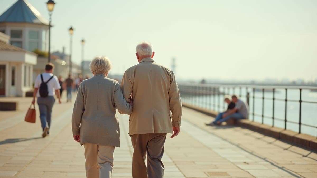 Pensioner couple walking along the seafront