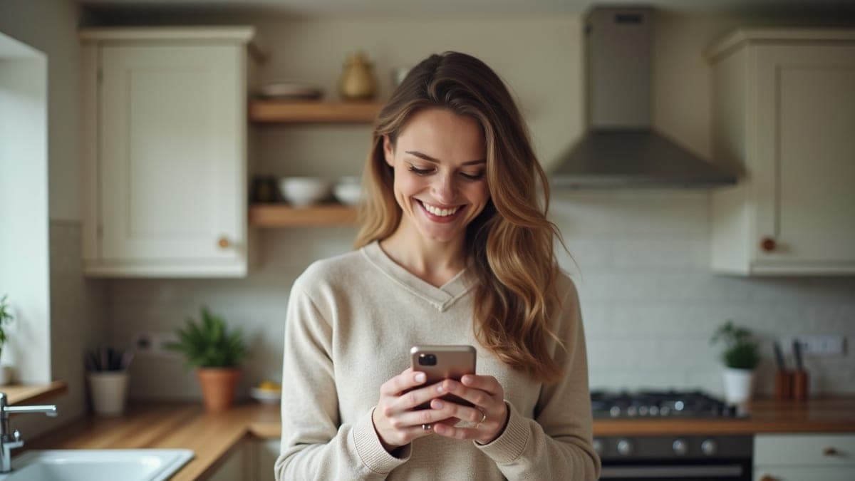 Woman smiling at good news on her phone
