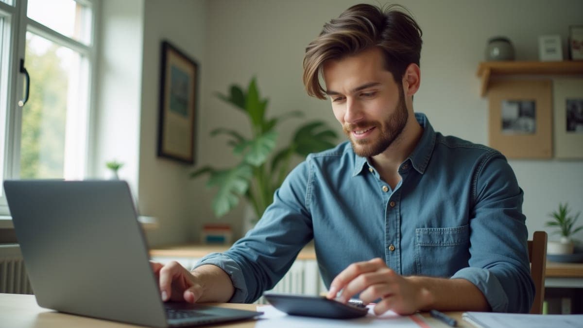 Man working out his tax with a calculator at home