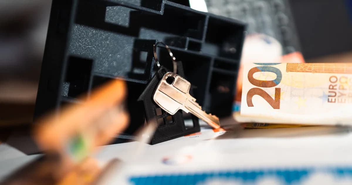 Keys with a house model, Euro bills, and charts suggesting real estate and financial themes.