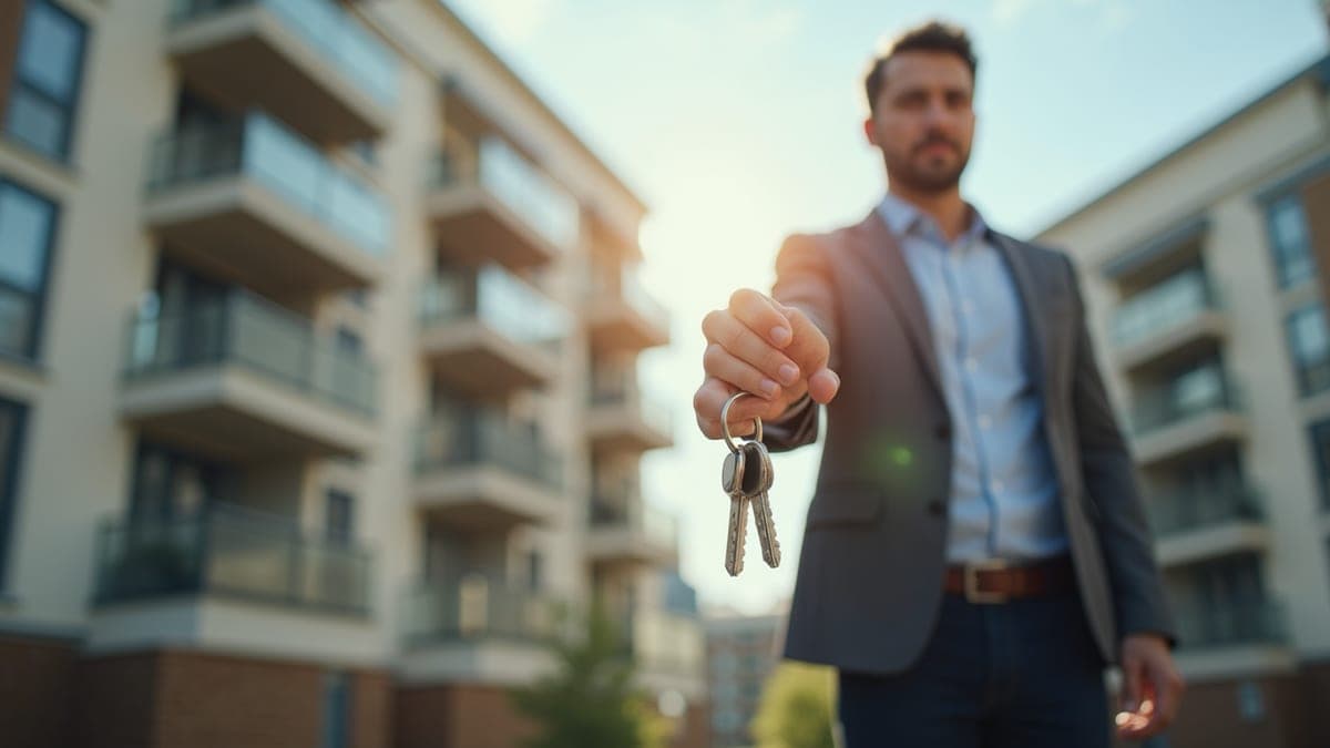 Landlord with keys in front of a block of flats