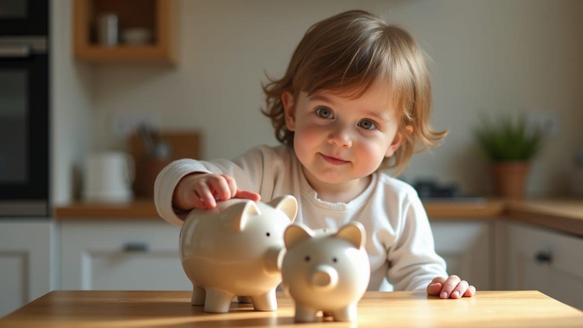 Child putting coins in a piggy bank