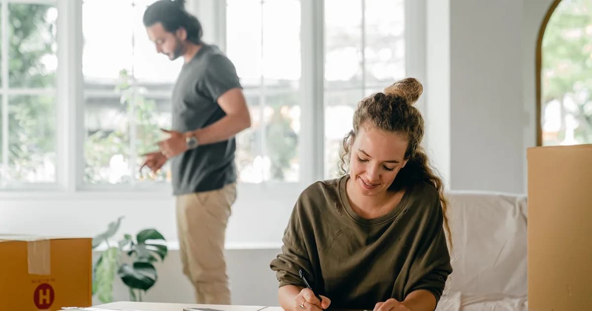Positive young woman writing in notepad while sitting against cardboard boxes during relocation in new house with husband
