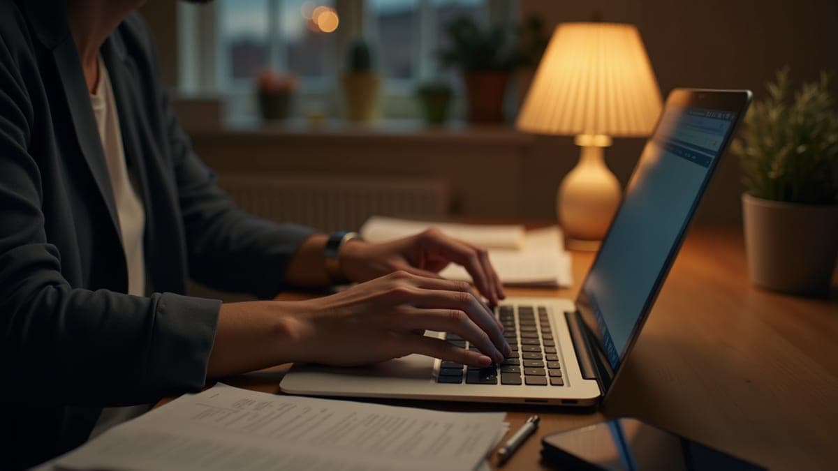 Person filling in a form online at the kitchen table