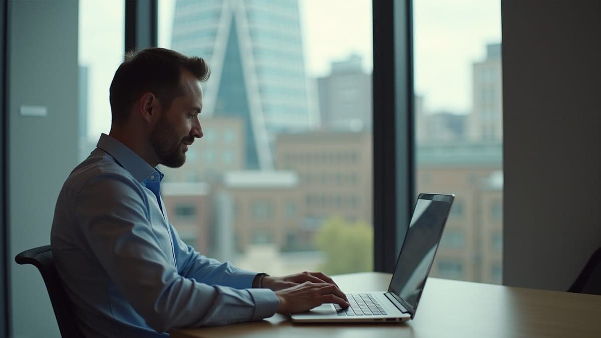 Contractor working on a laptop in a co-working space