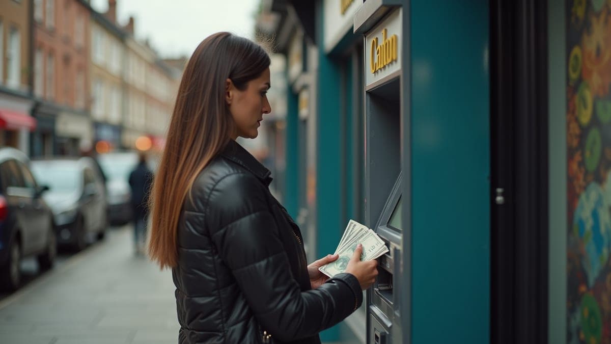 Woman using a cash machine on the high street