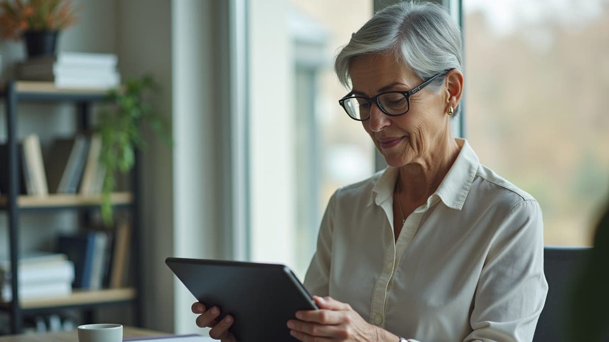 Businesswoman planning her pension on a tablet