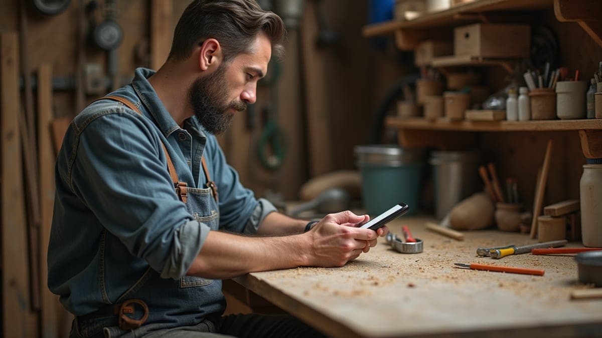 Self-employed carpenter checking his phone in his workshop