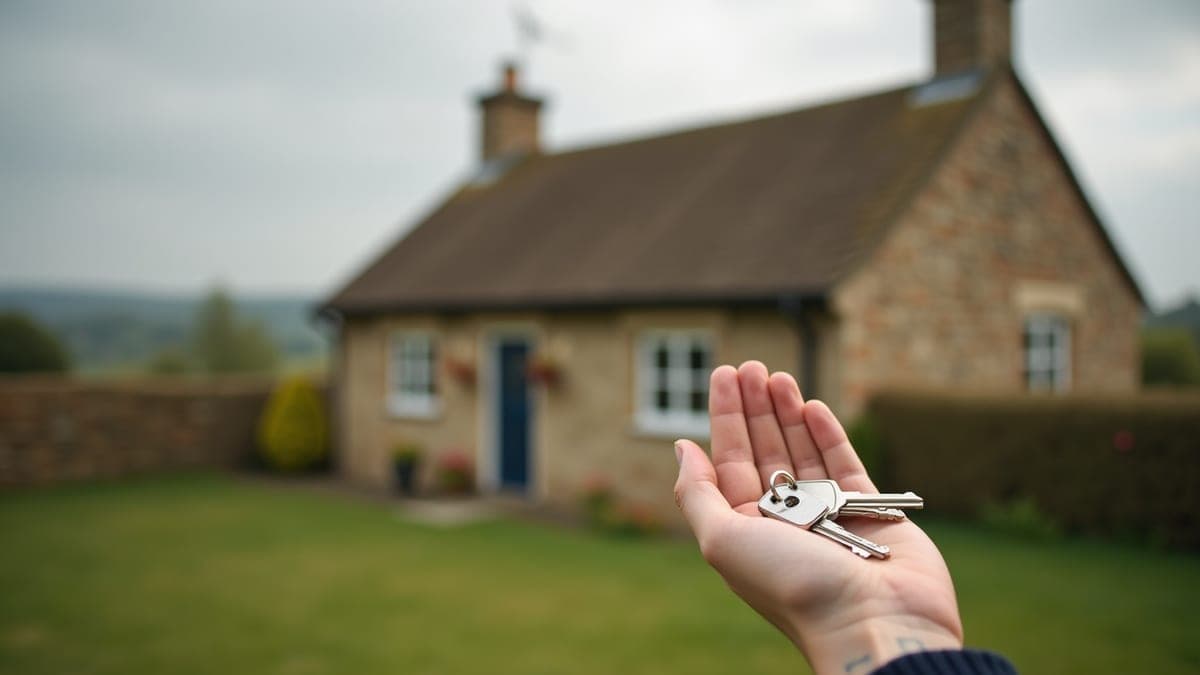 Keys held in front of a countryside cottage