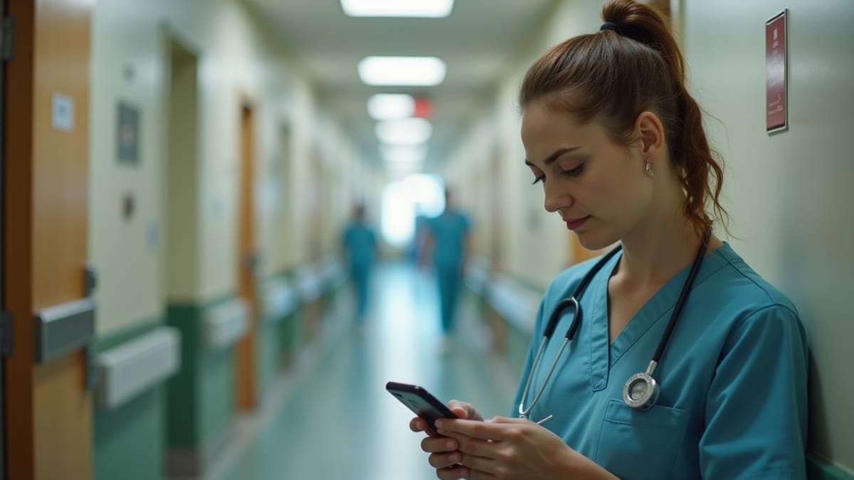 Nurse checking her phone during a break