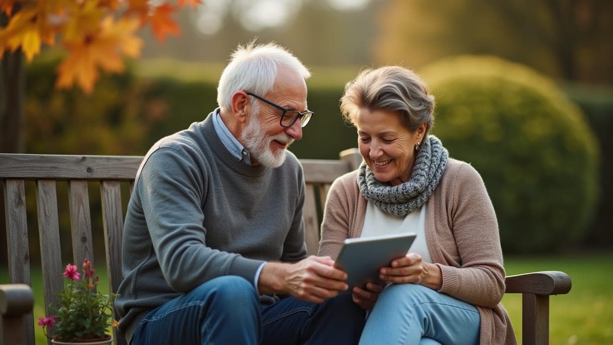Retired couple checking their pension on a tablet in the garden