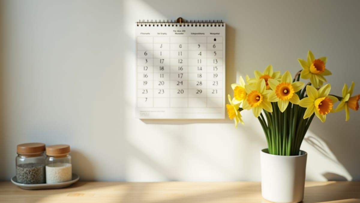 Desk with spring flowers marking the start of the new tax year