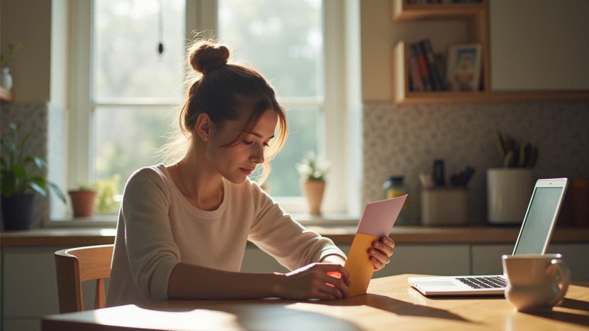 Woman opening post at her kitchen table with a laptop and cup of tea