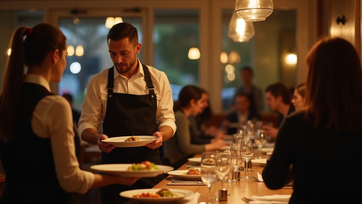 Restaurant staff serving diners
