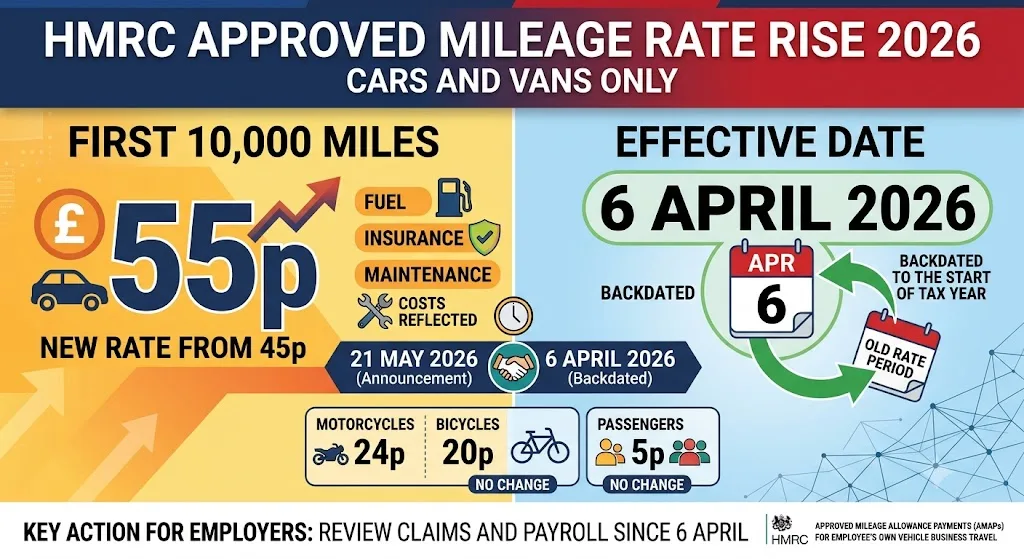 HMRC Mileage Rate Rises to 55p a Mile, Backdated to 6 April 2026